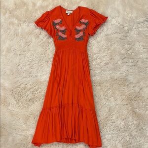 Cleobella Embroidered Poppy Colored Midi Dress. Size XS.